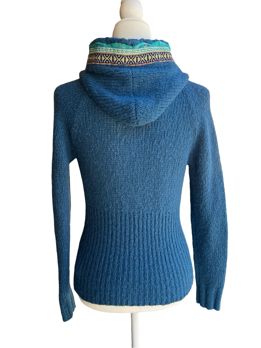 FREE PEOPLE Blue Klara Button Hooded Boho Cardigan Sz M Cozy Artisan Lace Trim - Picture 7 of 13